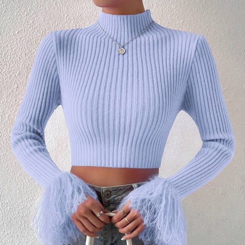 Casual Daily Classic Solid Color Ribbed Knit Patchwork Plush Cuff Sweater